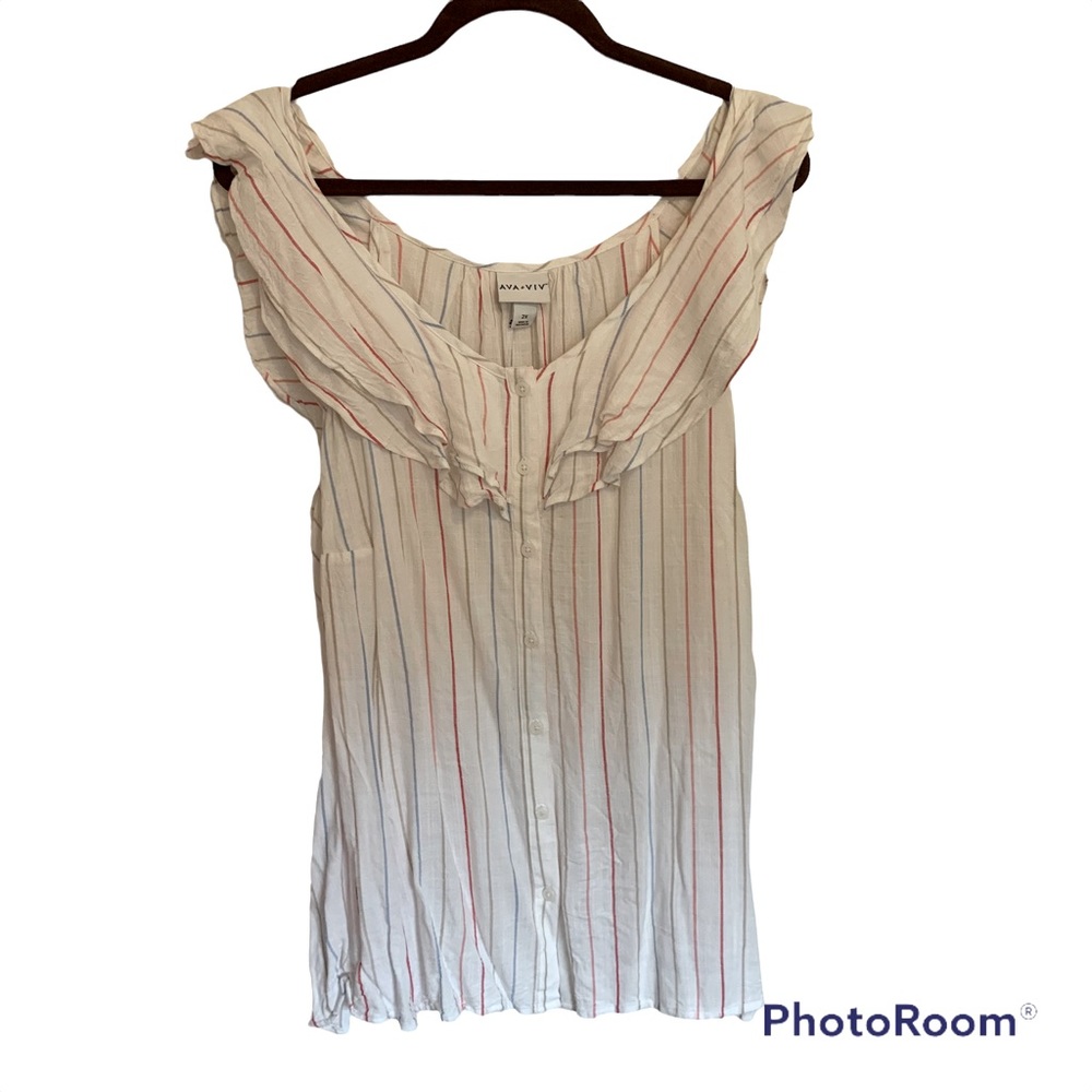 Ava & Viv White, Red, Blue Striped Ruffle Tank, Sz 2X